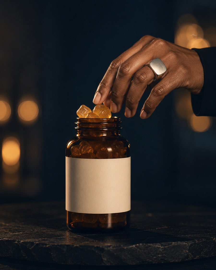 CuraChron Supplement-Glas mit Gummies. KI-generiertes Bild.